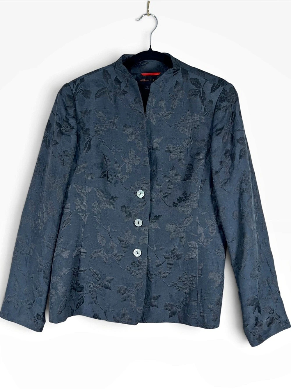 Nina McLemore Womens Jacket Black Size 12 Silk Cotton Floral Jacquard Blazer